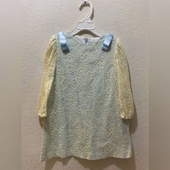 New Luli and Me Blue Cream DAINTY LACE DRESS -  Satin Ribbons - Picture 1 of 5